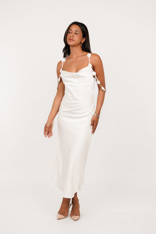 Satin slip dress met bloemen wit - Goldy