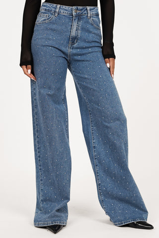 Straight leg jeans blauw met steentjes - Belle