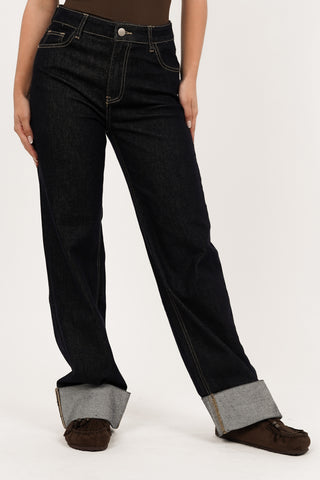 Straight leg jeans met omslag donker blauw - Janice