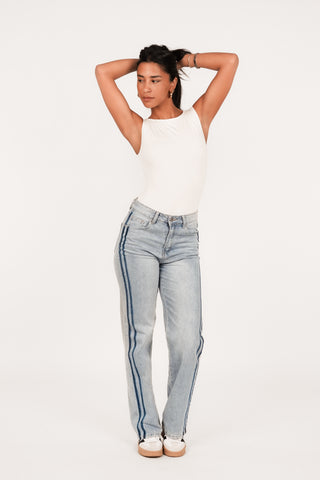 Straight leg jeans met streep blauw - Stacy