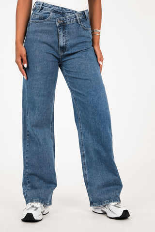Straight leg jeans schuine knoop blauw - Jevy