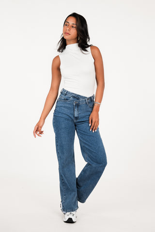 Straight leg jeans schuine knoop blauw - Jevy