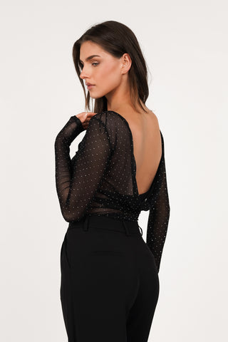 Strass top met open rug zwart - Myrthe