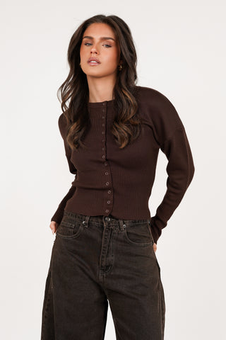 Stretch top met drukknoopjes bruin - Florine