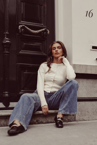 Stretch top met drukknoopjes creme - Florine