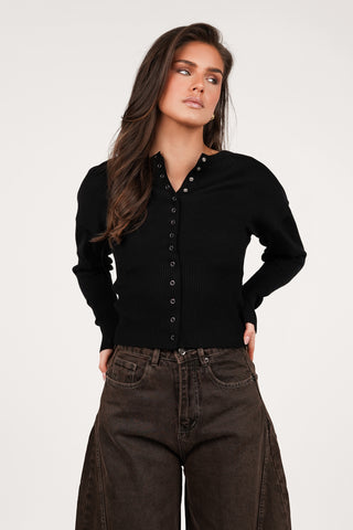 Stretch top met drukknoopjes zwart - Florine