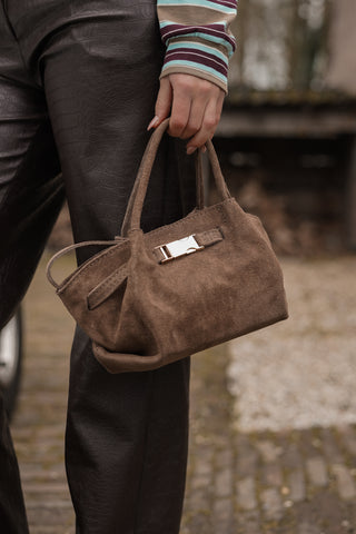 Suede handtas leer met crossbody taupe - Pleun