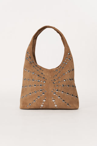 Suede handtas met zilveren studs camel - Virginia