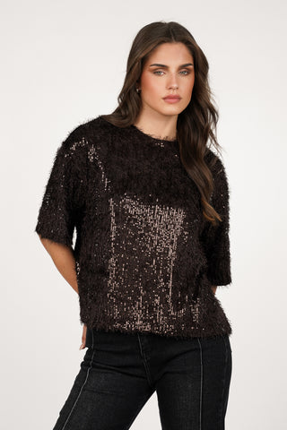 T-shirt met franjes en pailletten bruin - Leonie