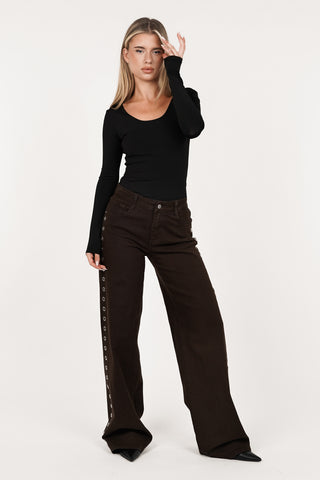 Tall wide leg jeans bruin met eyelets - Kayla