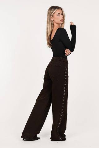 Tall wide leg jeans bruin met eyelets - Kayla