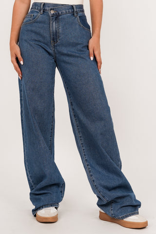 Tall wide leg jeans schuine knoop blauw - Selena