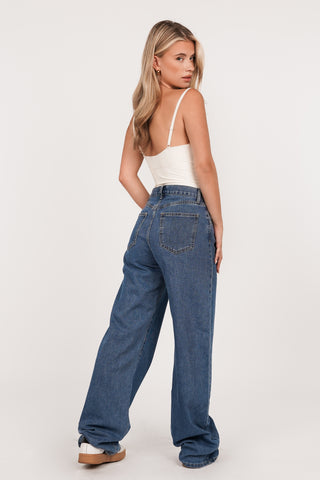 Tall wide leg jeans schuine knoop blauw - Selena