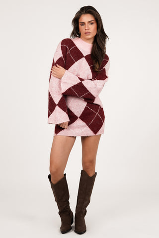 Two piece set wol met ruitjes roze - Celia