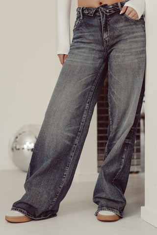 Wide leg jeans acid blauw met omgevouwen taille - Movy