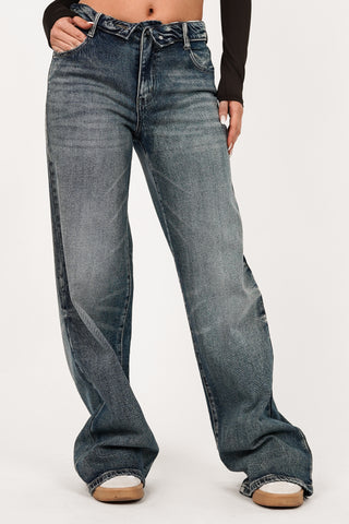 Wide leg jeans acid blauw met omgevouwen taille - Movy