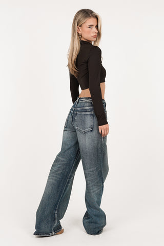 Wide leg jeans acid blauw met omgevouwen taille - Movy