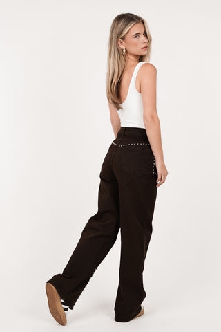 Wide leg jeans bruin met studs - Molly