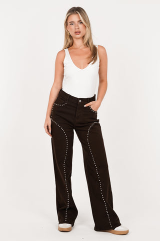 Wide leg jeans bruin met studs - Molly