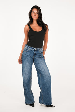 Wide leg jeans low waist donker blauw - Bente