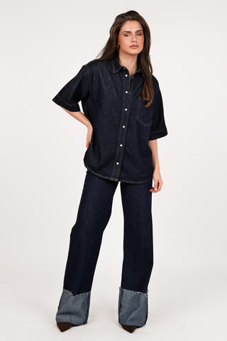 Wide leg jeans donker blauw met omslag -  Elowen