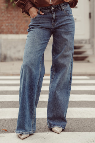 Wide leg jeans low waist donker blauw - Bente