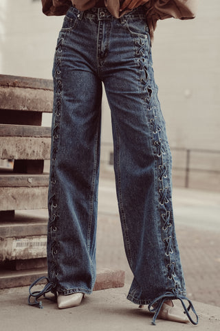 Wide leg jeans met gevlochten detail blauw - Dominique