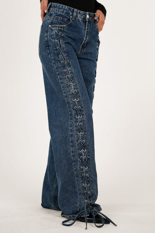 Wide leg jeans met gevlochten detail blauw - Dominique
