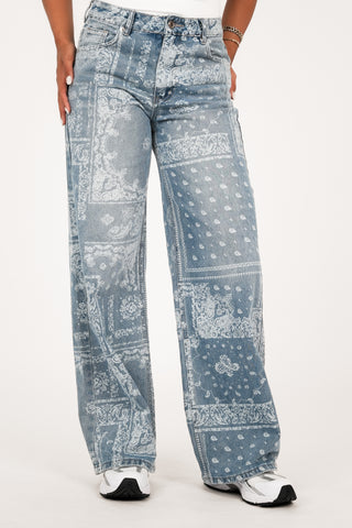 Wide leg jeans met paisley print blauw - Emmy