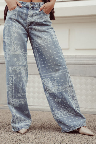 Wide leg jeans met paisley print blauw - Emmy