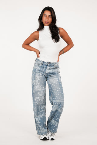 Wide leg jeans met paisley print blauw - Emmy