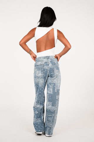 Wide leg jeans met paisley print blauw - Emmy