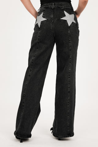 Wide leg jeans met sterren zwart - Reza