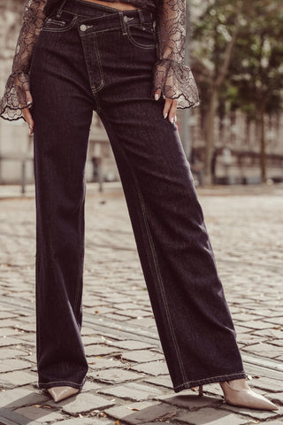 Wide leg jeans schuine knoop donker blauw - Regan