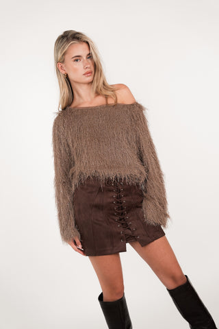Wijde top met franjes en lurex taupe - Beau