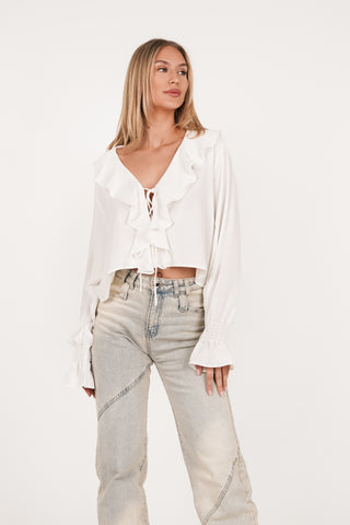 Witte blouse met ruffles en strikjes - Peggy