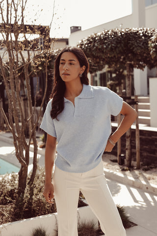 Wollen top korte mouw met v hals blauw - Avelie