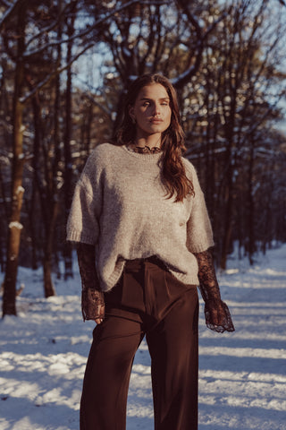 Zachte trui met korte mouw taupe - Annelou