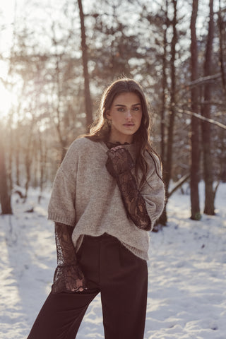 Zachte trui met korte mouw taupe - Annelou