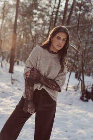 Zachte trui met korte mouw taupe - Annelou