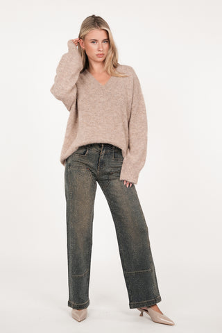 Oversized knit v-hals taupe - Juno