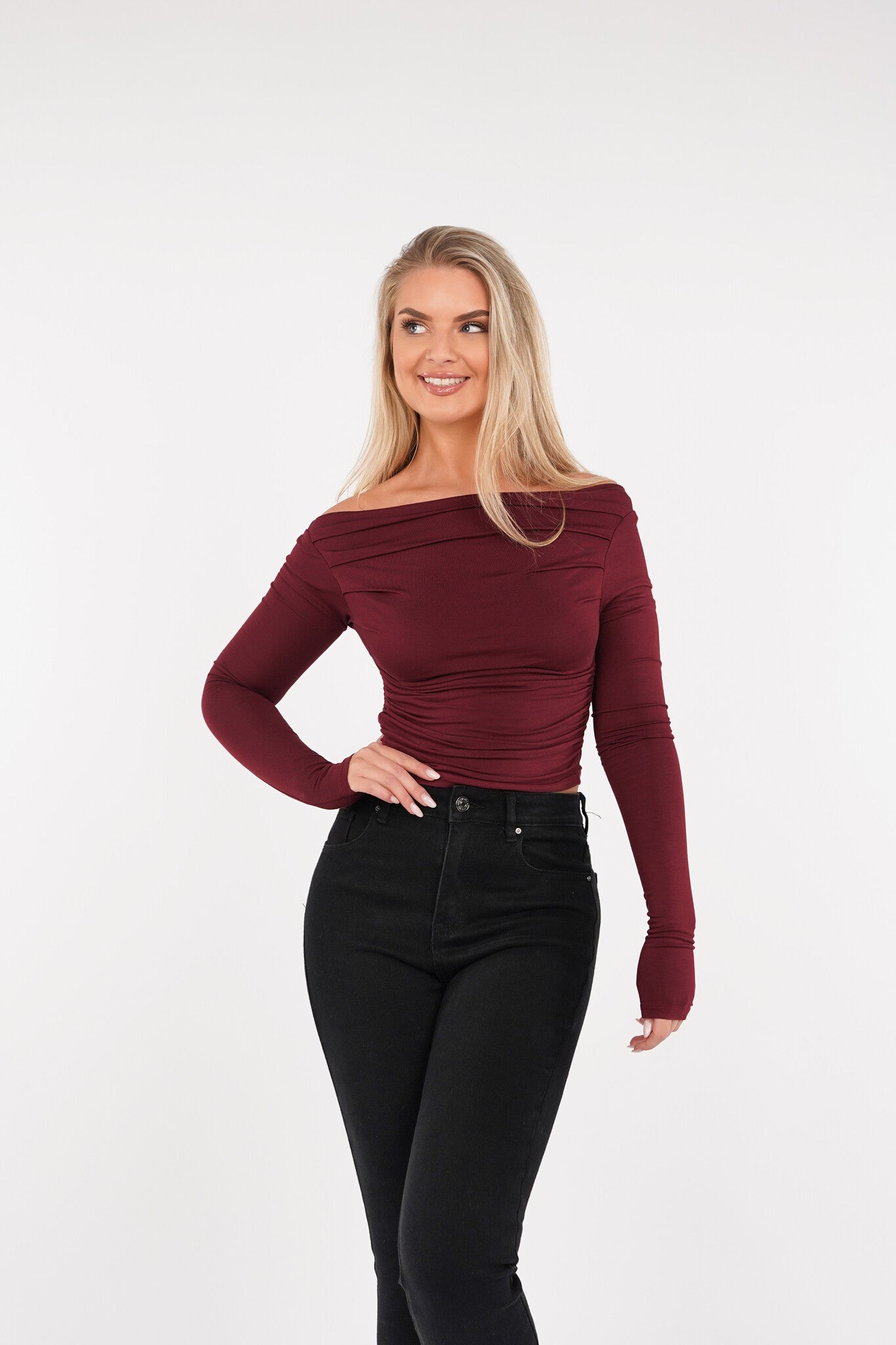 Off shoulder top geplooid bordeaux rood Esuals