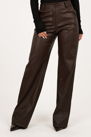 Straight broek leatherlook croco print bruin - Rory