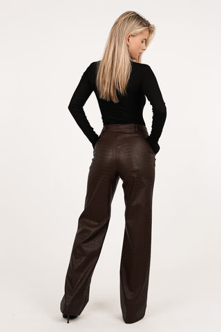 Straight broek leatherlook croco print bruin - Rory
