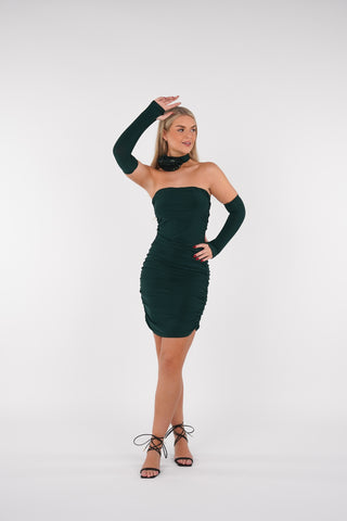 Strapless jurk groen met roos en losse mouwen